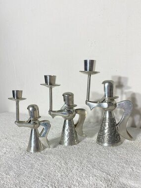 Vintage KG Banka Tin Silver Tone Angel Candle Holders Set of 3 Christmascore